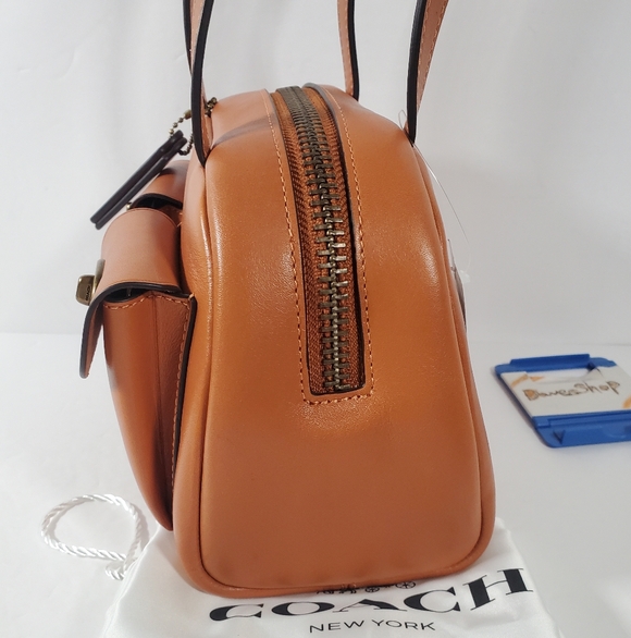 Coach Twin Turnlock Bag 20 in Dark Brass/Toffee Waxed Full Grain Leather NWT - Picture 6 of 8